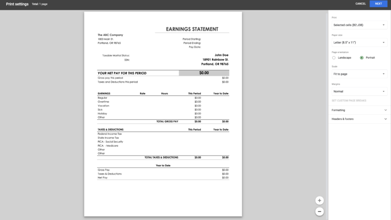 The earnings statement in the print settings window, ready to print on one page.